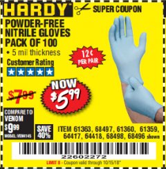 Harbor Freight Coupon POWDER-FREE NITRILE GLOVES PACK OF 100 Lot No. 68496/61363/97581/68497/61360/68498/61359 Expired: 10/15/18 - $5.99