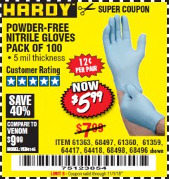 Harbor Freight Coupon POWDER-FREE NITRILE GLOVES PACK OF 100 Lot No. 68496/61363/97581/68497/61360/68498/61359 Expired: 11/1/18 - $5.99