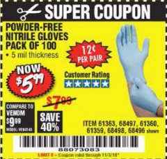 Harbor Freight Coupon POWDER-FREE NITRILE GLOVES PACK OF 100 Lot No. 68496/61363/97581/68497/61360/68498/61359 Expired: 11/3/18 - $5.99