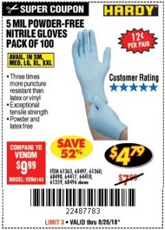 Harbor Freight Coupon POWDER-FREE NITRILE GLOVES PACK OF 100 Lot No. 68496/61363/97581/68497/61360/68498/61359 Expired: 8/26/18 - $4.79
