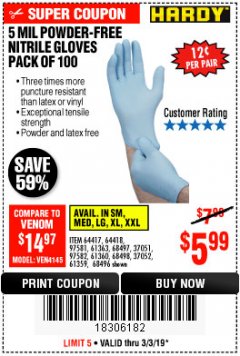 Harbor Freight Coupon POWDER-FREE NITRILE GLOVES PACK OF 100 Lot No. 68496/61363/97581/68497/61360/68498/61359 Expired: 3/3/19 - $5.99