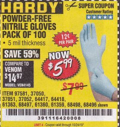 Harbor Freight Coupon POWDER-FREE NITRILE GLOVES PACK OF 100 Lot No. 68496/61363/97581/68497/61360/68498/61359 Expired: 10/24/19 - $5.99