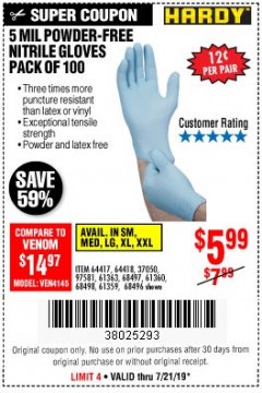 Harbor Freight Coupon POWDER-FREE NITRILE GLOVES PACK OF 100 Lot No. 68496/61363/97581/68497/61360/68498/61359 Expired: 7/21/19 - $5.99