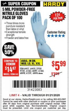 Harbor Freight Coupon POWDER-FREE NITRILE GLOVES PACK OF 100 Lot No. 68496/61363/97581/68497/61360/68498/61359 Expired: 1/21/20 - $5.99