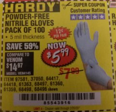 Harbor Freight Coupon POWDER-FREE NITRILE GLOVES PACK OF 100 Lot No. 68496/61363/97581/68497/61360/68498/61359 Expired: 2/20/20 - $5.99