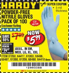 Harbor Freight Coupon POWDER-FREE NITRILE GLOVES PACK OF 100 Lot No. 68496/61363/97581/68497/61360/68498/61359 Expired: 7/2/20 - $5.99