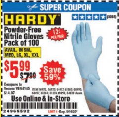 Harbor Freight Coupon POWDER-FREE NITRILE GLOVES PACK OF 100 Lot No. 68496/61363/97581/68497/61360/68498/61359 Expired: 9/14/20 - $5.99
