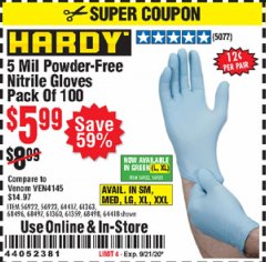 Harbor Freight Coupon POWDER-FREE NITRILE GLOVES PACK OF 100 Lot No. 68496/61363/97581/68497/61360/68498/61359 Expired: 9/21/20 - $5.99