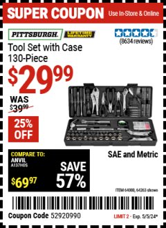 Harbor Freight Coupon 130 PIECE TOOL KIT WITH CASE Lot No. 64263/68998/63091/63248/64080 Expired: 5/5/24 - $29.99