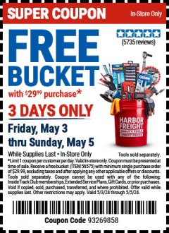 Harbor Freight FREE Coupon 5 GALLON BUCKET Lot No. 47523 Expired: 5/5/24 - FWP