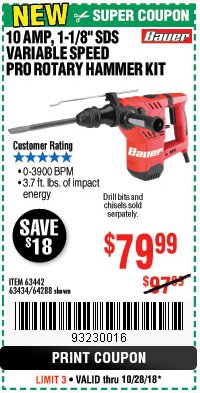 Harbor Freight Coupon BAUER 10 AMP, 1-1/8" SDS VARIABLE SPEED PRO ROTARY HAMMER KIT Lot No. 64287/64288 Expired: 10/28/18 - $79.99