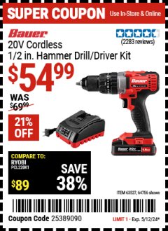 Harbor Freight Coupon 20 VOLT LITHIUM-ION CORDLESS 1/2" HAMMER DRILL KIT Lot No. 64756/63527 Expired: 5/12/24 - $54.99
