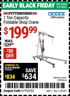 Harbor Freight Coupon PITTSBURGH 1 TON CAPACITY FOLDABLE SHOP CRANE Lot No. 58794 Expired: 11/23/22 - $199.99