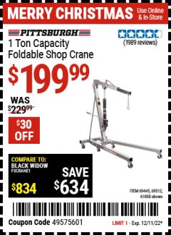 Harbor Freight Coupon PITTSBURGH 1 TON CAPACITY FOLDABLE SHOP CRANE Lot No. 58794 Expired: 12/11/22 - $199.99