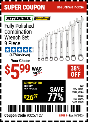Harbor Freight 9 PIECE FULLY POLISHED COMBINATION WRENCH SETS coupon