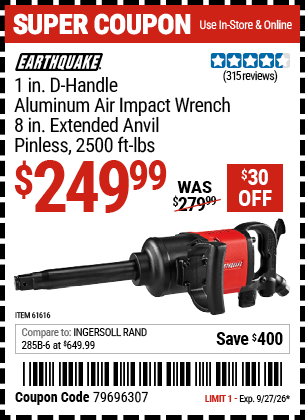 www.hfqpdb.com - EARTHQUAKE 1 IN. D-HANDLE ALUMINUM AIR IMPACT WRENCH, 8 IN. EXTENDED ANVIL, PINLESS, 2500 FT-LBS, RED Lot No. 61616/61901