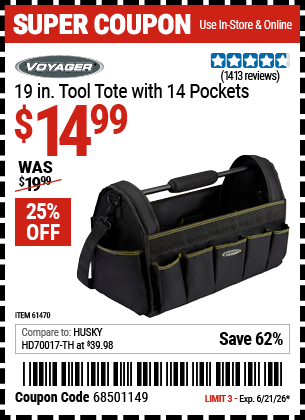 www.hfqpdb.com - VOYAGER 19 IN. TOOL TOTE WITH 14 POCKETS Lot No. 61470