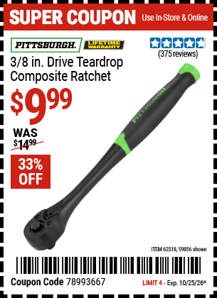 www.hfqpdb.com - PITTSBURGH 3/8 IN. DRIVE TEARDROP COMPOSITE RATCHET Lot No. 59856/62318