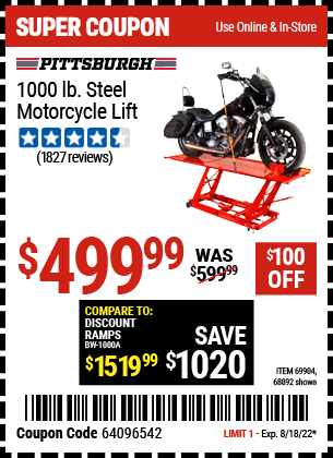 Harbor Freight 1000 LB. CAPACITY MOTORCYCLE LIFT coupon