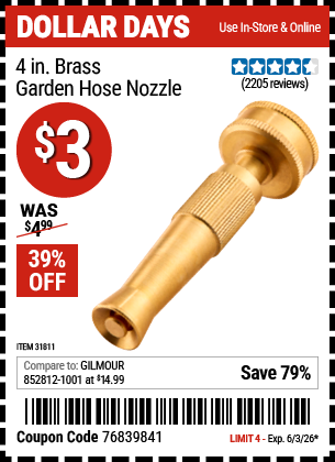 www.hfqpdb.com - 4 IN. BRASS GARDEN HOSE NOZZLE Lot No. 31811