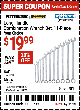 www.hfqpdb.com - PITTSBURGH LONG-HANDLE COMBINATION WRENCH SET, 11-PIECE Lot No. 44718/47067