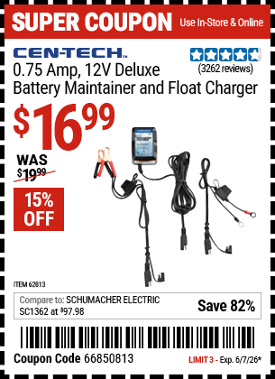 www.hfqpdb.com - CEN-TECH 0.75 AMP, 12V DELUXE BATTERY MAINTAINER AND FLOAT CHARGER Lot No. 62813