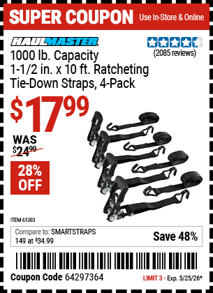 www.hfqpdb.com - HAUL-MASTER 1000 LB. CAPACITY, 1-1/2 IN. X 10 FT. RATCHETING TIE-DOWN STRAPS, 4-PACK Lot No. 61303