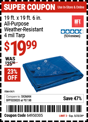 www.hfqpdb.com - HFT 19 FT. X 19 FT. 6 IN. BLUE ALL-PURPOSE WEATHER-RESISTANT 4 MIL TARP Lot No. 47671