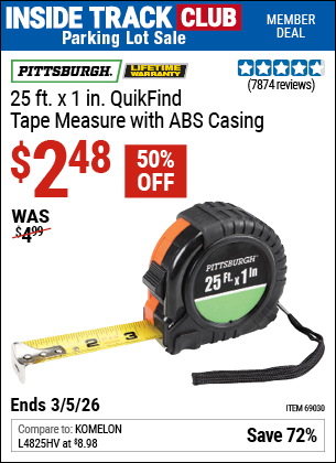 Harbor Freight PITTSBURGH 25 FT. X 1 IN. QUIKFIND TAPE MEASURE WITH ABS CASING coupon