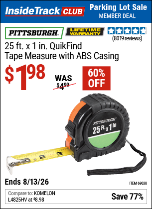 www.hfqpdb.com - PITTSBURGH 25 FT. X 1 IN. QUIKFIND TAPE MEASURE WITH ABS CASING Lot No. 69030