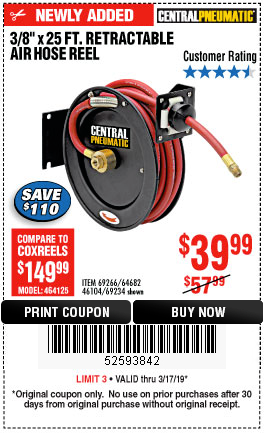 Harbor Freight Tools Coupon Database - Free coupons, 25 percent off coupons,  toolbox coupons - HEAVY DUTY RETRACTABLE AIR HOSE REEL WITH 3/8 x 25 FT.  HOSE