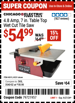 www.hfqpdb.com - CHICAGO ELECTRIC POWER TOOLS 4.8 AMP, 7 IN. TABLE TOP WET CUT TILE SAW Lot No. 69231/40315