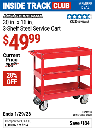 Harbor Freight U.S. GENERAL 30 IN. X 16 IN., 3-SHELF STEEL SERVICE CART, RED coupon