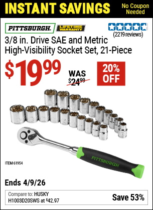 Harbor Freight PITTSBURGH 3/8 IN. DRIVE SAE AND METRIC HIGH-VISIBILITY SOCKET SET, 21-PIECE coupon