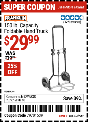 www.hfqpdb.com - FRANKLIN 150 LB. CAPACITY FOLDABLE HAND TRUCK Lot No. 58298