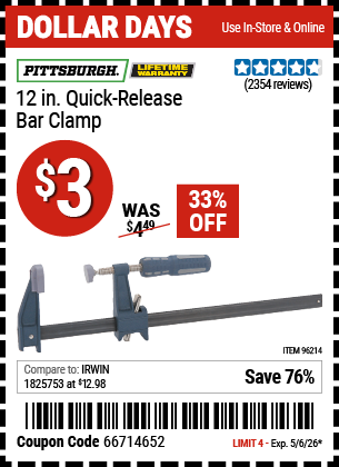www.hfqpdb.com - PITTSBURGH 12 IN. QUICK-RELEASE BAR CLAMP Lot No. 96214