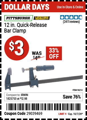 www.hfqpdb.com - PITTSBURGH 12 IN. QUICK-RELEASE BAR CLAMP Lot No. 96214