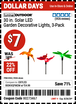 Harbor Freight LUMINAR OUTDOOR 30 IN. SOLAR LED GARDEN DECORATIVE LIGHTS, 3-PACK coupon
