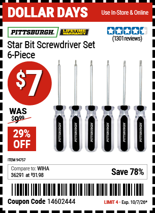 www.hfqpdb.com - PITTSBURGH STAR BIT SCREWDRIVER SET, 6-PIECE Lot No. 94757