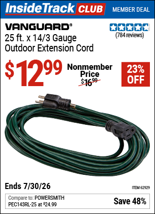 www.hfqpdb.com - VANGUARD 25 FT. X 14/3 GAUGE OUTDOOR EXTENSION CORD, GREEN Lot No. 62929
