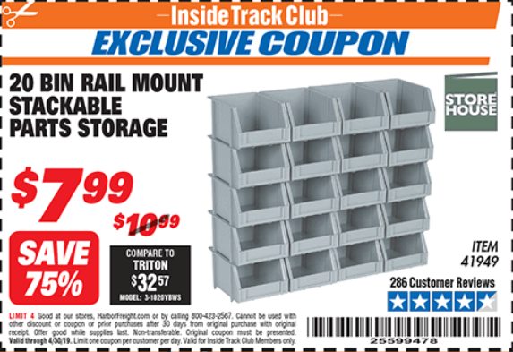 20 Bin Rail Mount Stackable Parts Storage