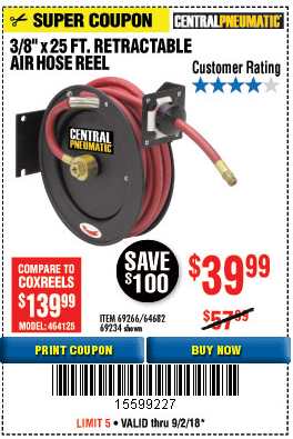 Harbor Freight Tools Coupon Database - Free coupons, 25 percent off  coupons, toolbox coupons - RETRACTABLE AIR HOSE REEL WITH 3/8 x 25 FT. HOSE