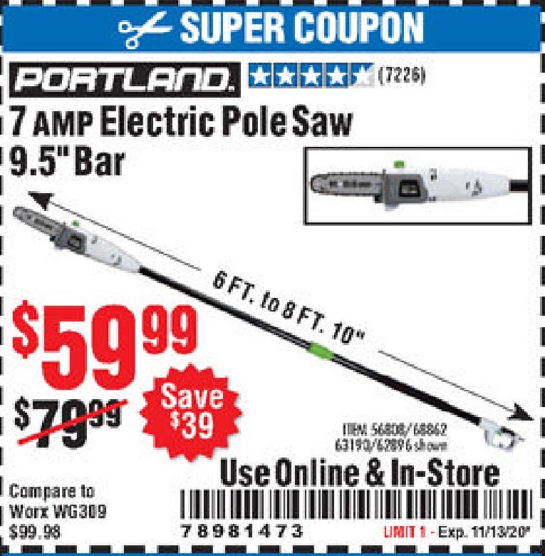 Harbor Freight Tools Coupon Database Free Coupons 25 Percent Off Coupons Toolbox Coupons 7 Amp 1 5 Hp Electric Pole Saw