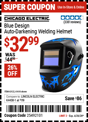 www.hfqpdb.com - CHICAGO ELECTRIC BLUE DESIGN AUTO-DARKENING WELDING HELMET Lot No. 61610/63122
