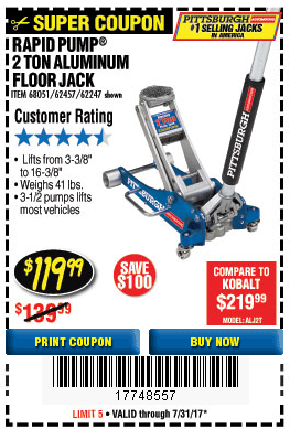 Harbor Freight Tools Coupon Database - Free coupons, 25 percent off coupons,  toolbox coupons - 2 TON ALUMINUM RACING FLOOR JACK WITH RAPID PUMP