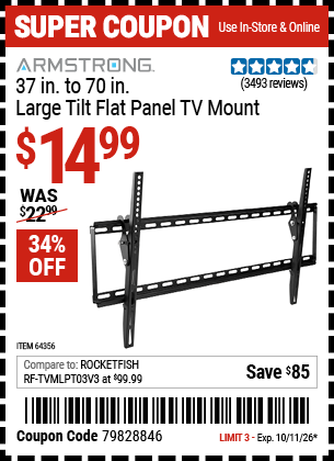 Harbor Freight ARMSTRONG 37 IN. TO 70 IN. LARGE TILT FLAT PANEL TV MOUNT coupon