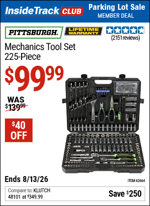 www.hfqpdb.com - PITTSBURGH MECHANICS TOOL SET, 225-PIECE Lot No. 62664