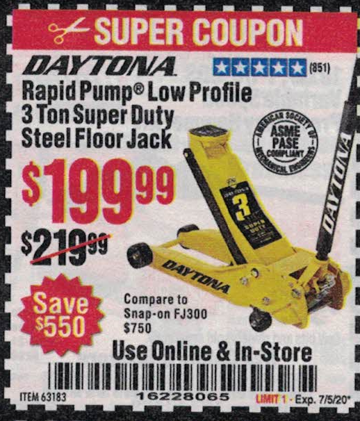 Harbor Freight Tools Coupon Database - Free coupons, 25 percent off coupons,  toolbox coupons - 3 TON DAYTONA PROFESSIONAL STEEL FLOOR JACK - SUPER DUTY