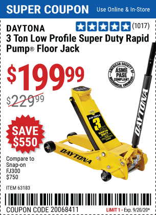 Harbor Freight Tools Coupon Database - Free coupons, 25 percent off coupons,  toolbox coupons - 3 TON DAYTONA PROFESSIONAL STEEL FLOOR JACK - SUPER DUTY