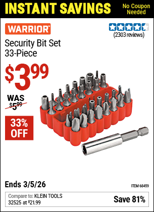 www.hfqpdb.com - WARRIOR SECURITY BIT SET, 33-PIECE Lot No. 68459